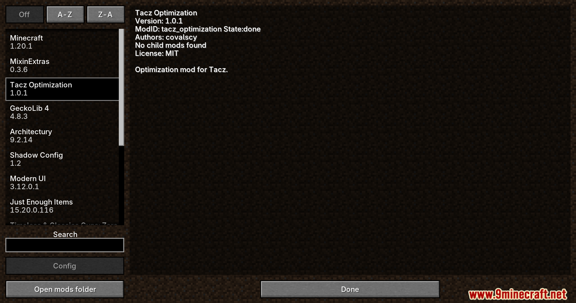 TaCZ Optimization Mod Screenshot 1 Minecraft mod list menu showing the Tacz Optimization mod details and version