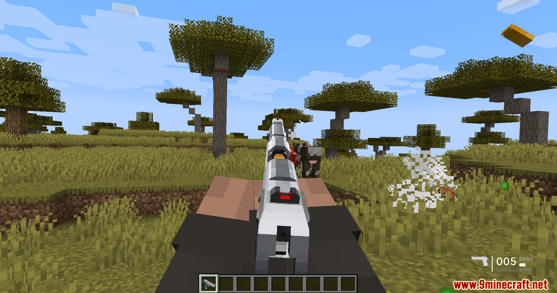 TaCZ Optimization Mod Screenshot 4 First person view of shooting a pistol with smoke and flying bullet shells