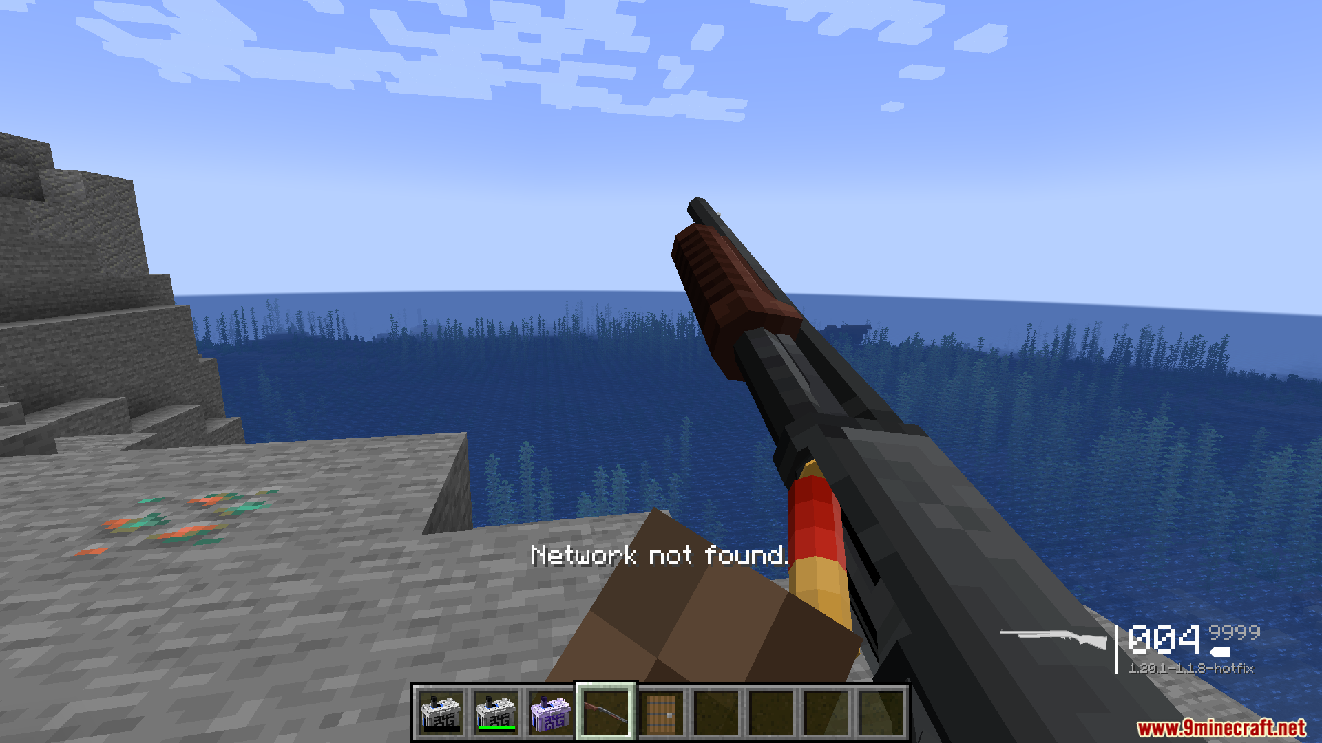 TaCZ Refined Ammo Box Mod Screenshot 2 A player holds a shotgun with a network not found error message
