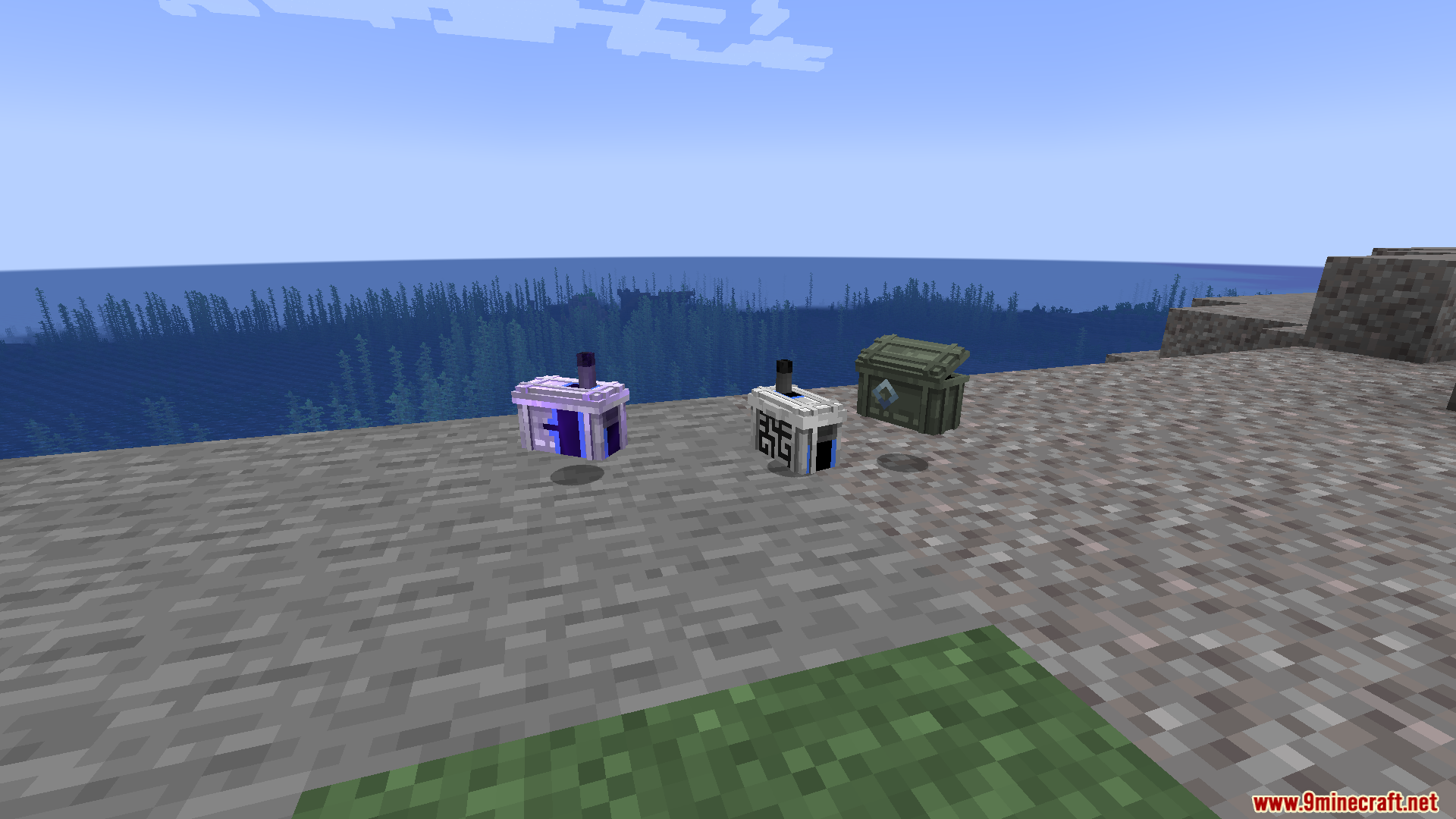 TaCZ Refined Ammo Box Mod Screenshot 7 Wireless ammo boxes and a storage crate placed on a gravel cliffside