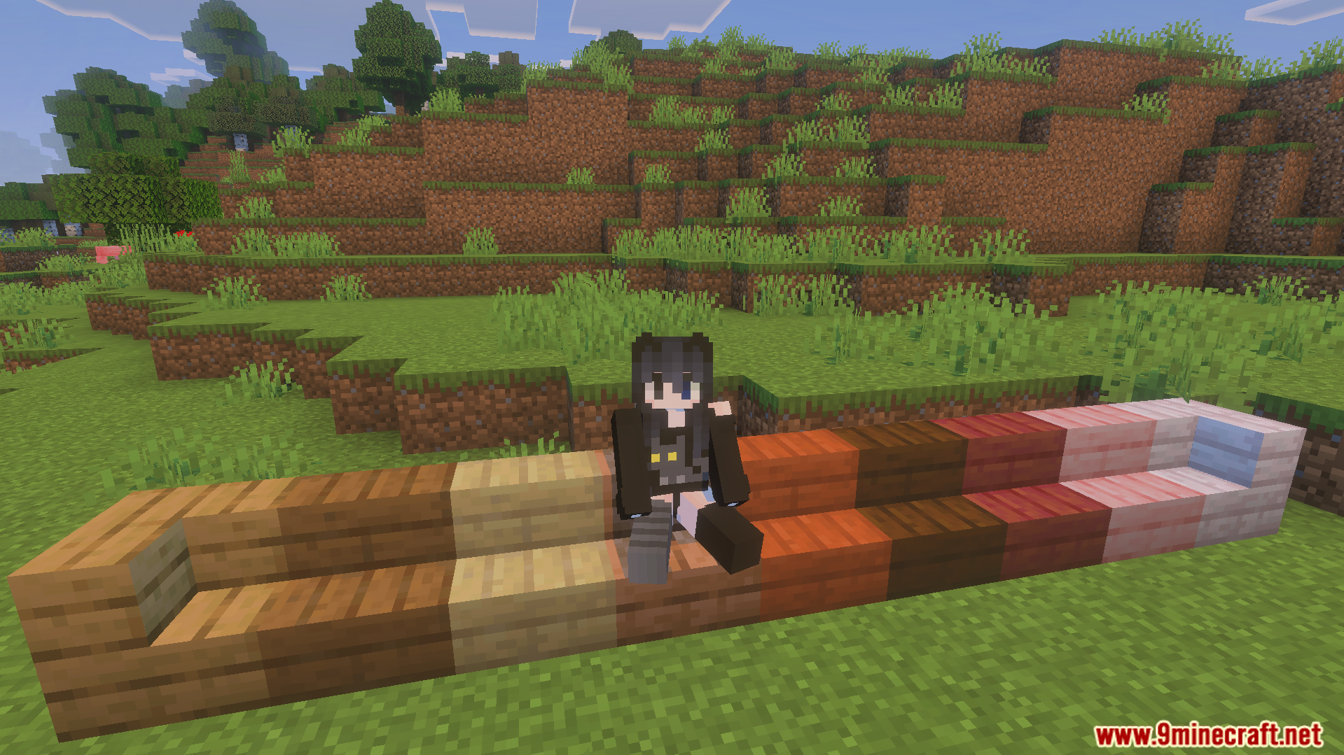 Player sitting on stairs using the Take A Seat Addon for Minecraft