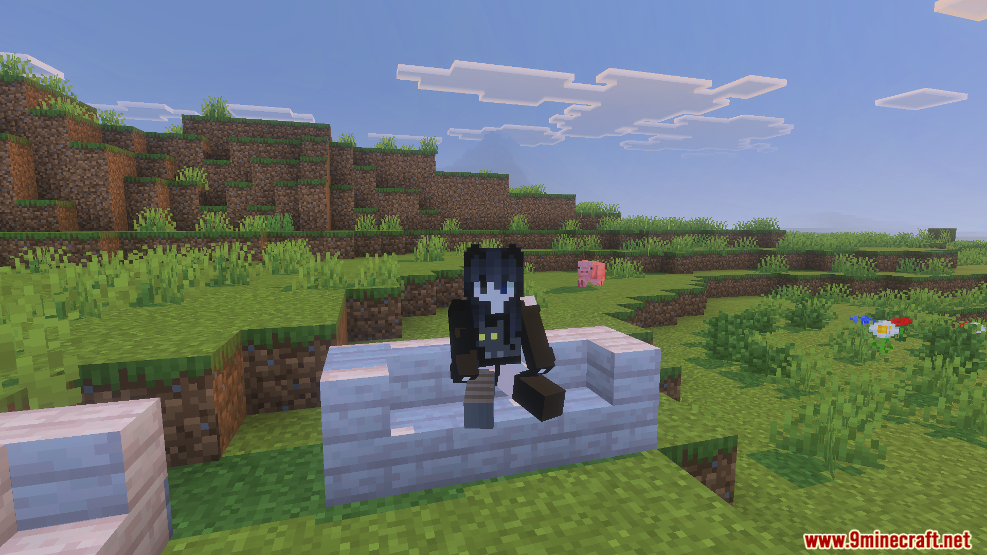 Character sitting on white wooden stairs in a field with a pink pig