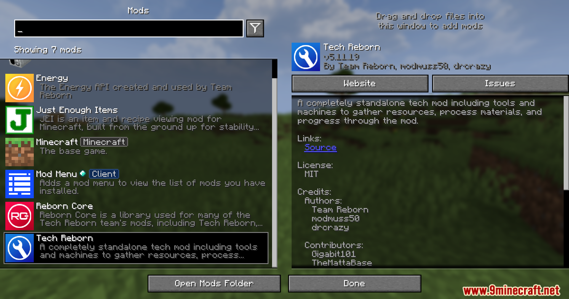 Tech Reborn Mod Screenshot 1 Minecraft mod menu interface displaying Tech Reborn and various utility mods