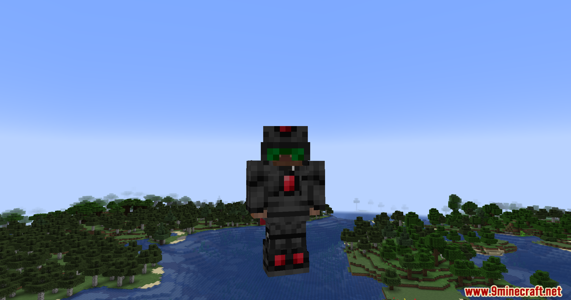 Tech Reborn Mod Screenshot 12 Player wearing advanced dark armor flying over a lush river forest biome
