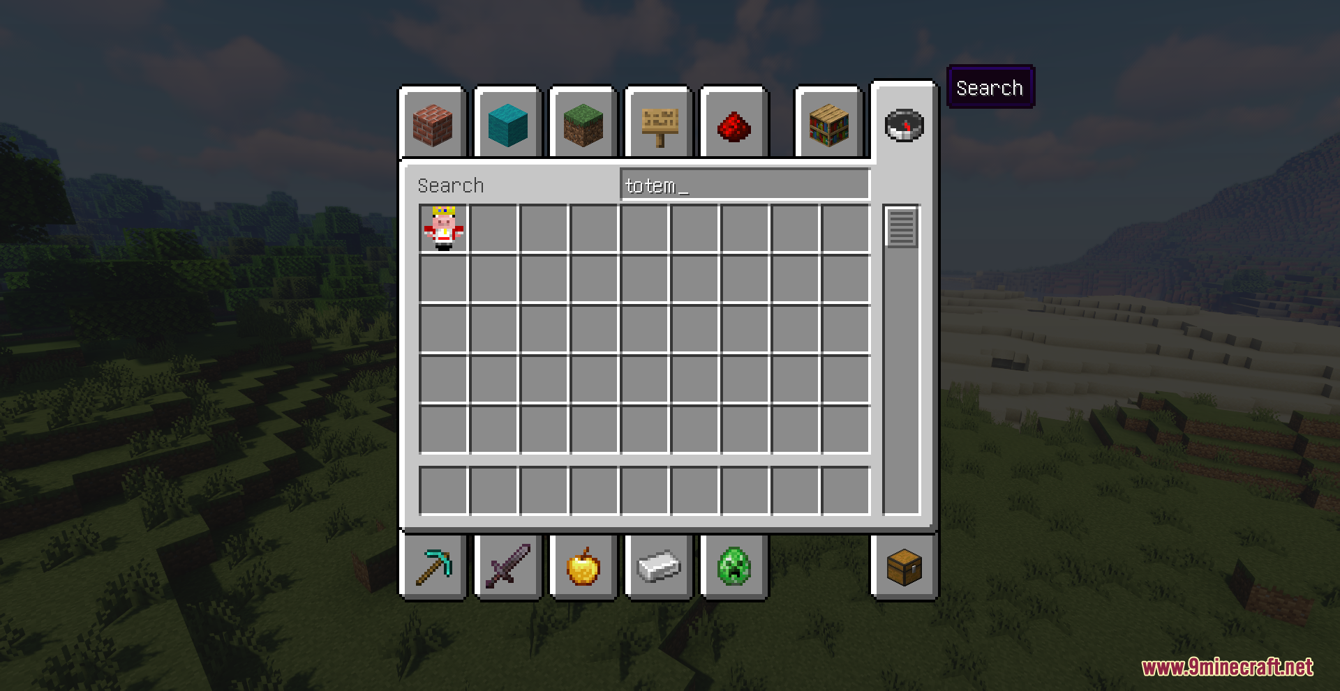 Searching for the custom pig king totem in the creative mode inventory menu