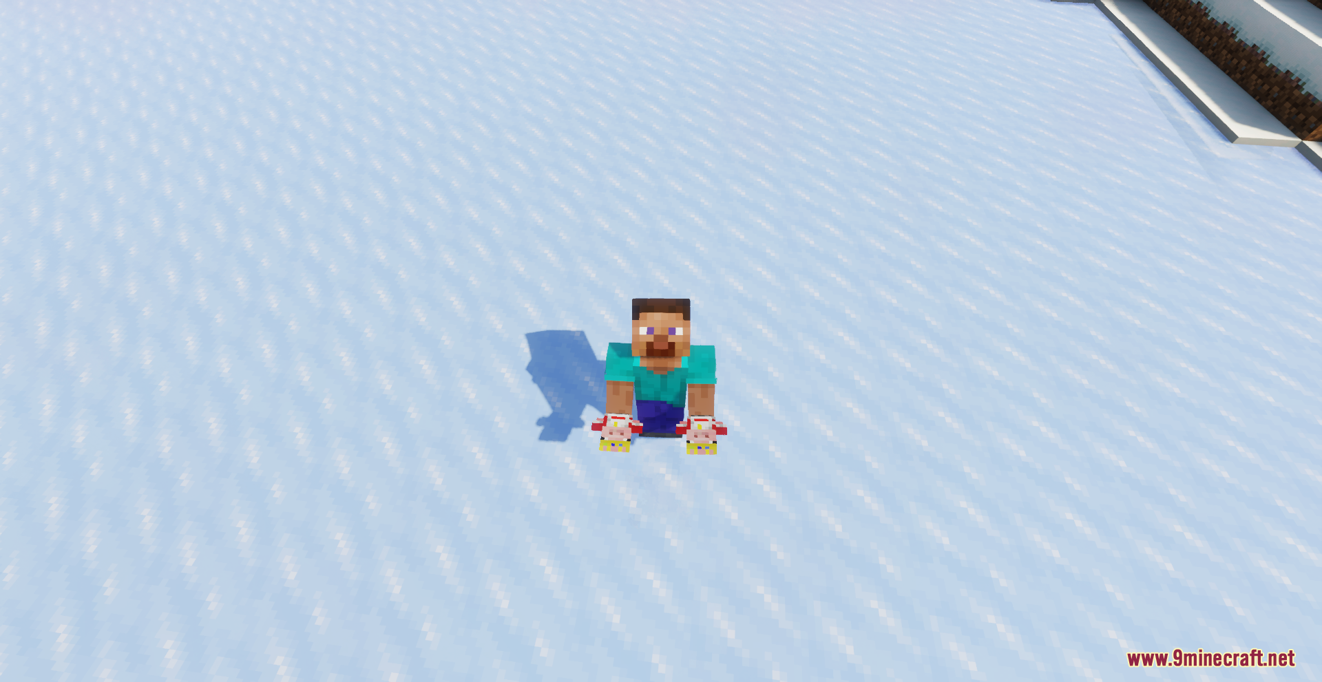 Steve character holding two Technoblade themed totems while standing on white snow