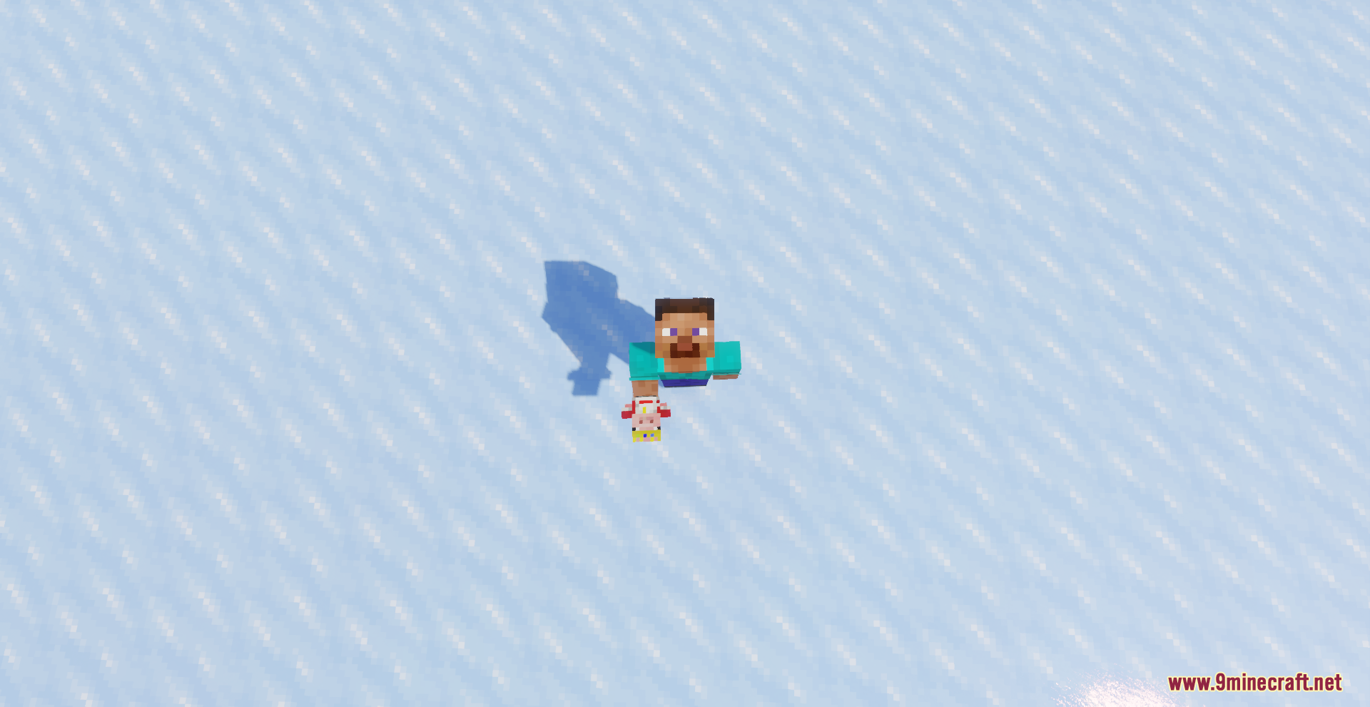 A Minecraft player holding a Technoblade themed pig totem on a snowy field
