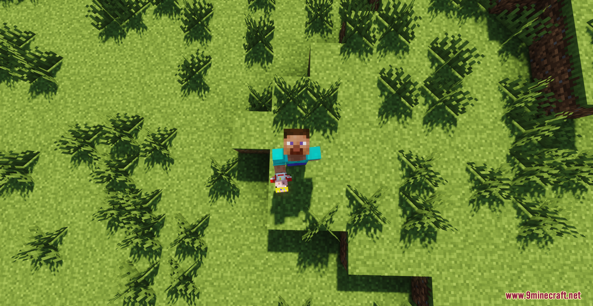 A Minecraft player holding a custom pig totem in a grassy field