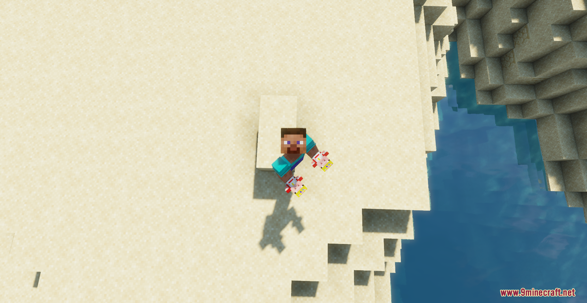 Steve holding two pig king totems while standing on a high sandy cliff