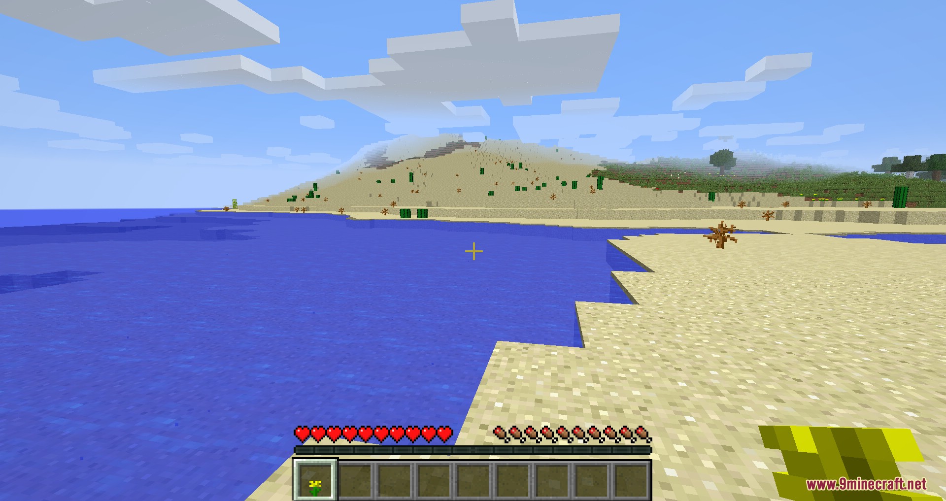 A vast sandy coastline next to a desert hill under blue skies