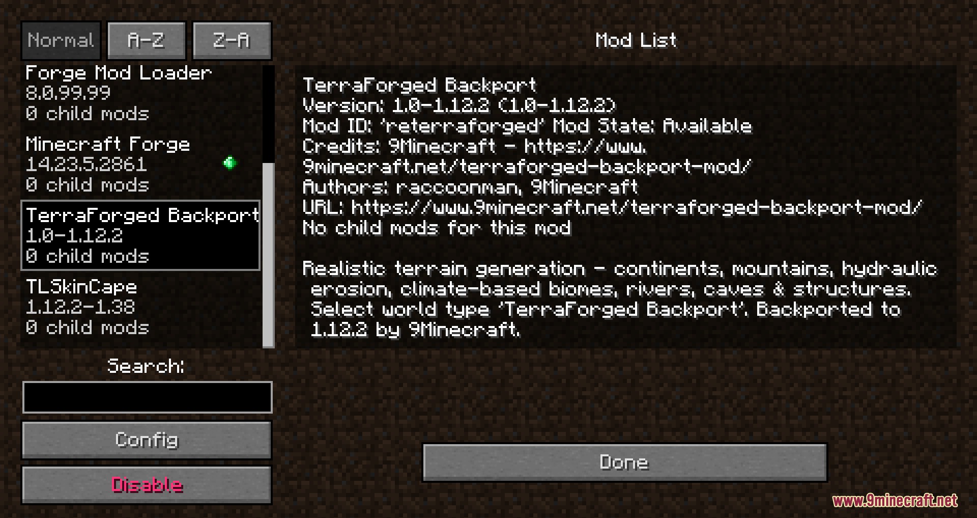 The mod list menu in Minecraft showing TerraForged Backport details