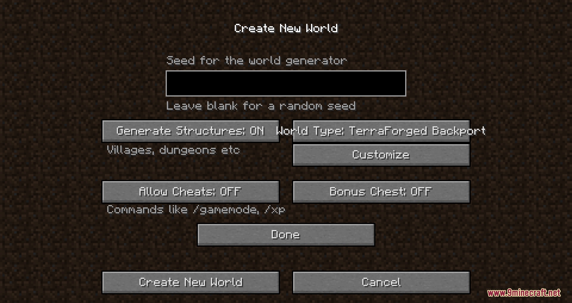Selecting the TerraForged Backport world type in the create world menu