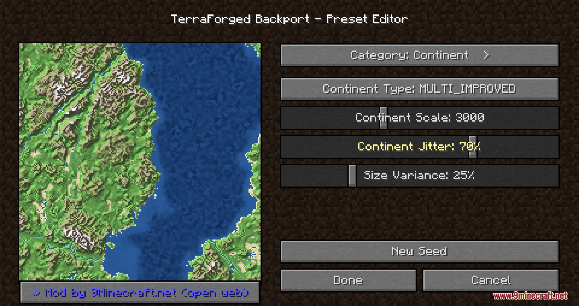 A preset editor menu with sliders for continent scale and size variance