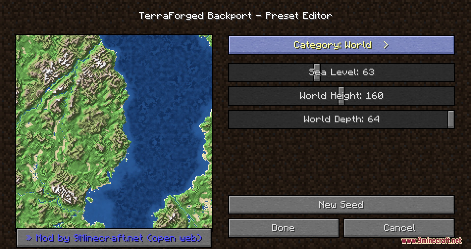 Adjusting sea level and world height parameters in the preset editor GUI