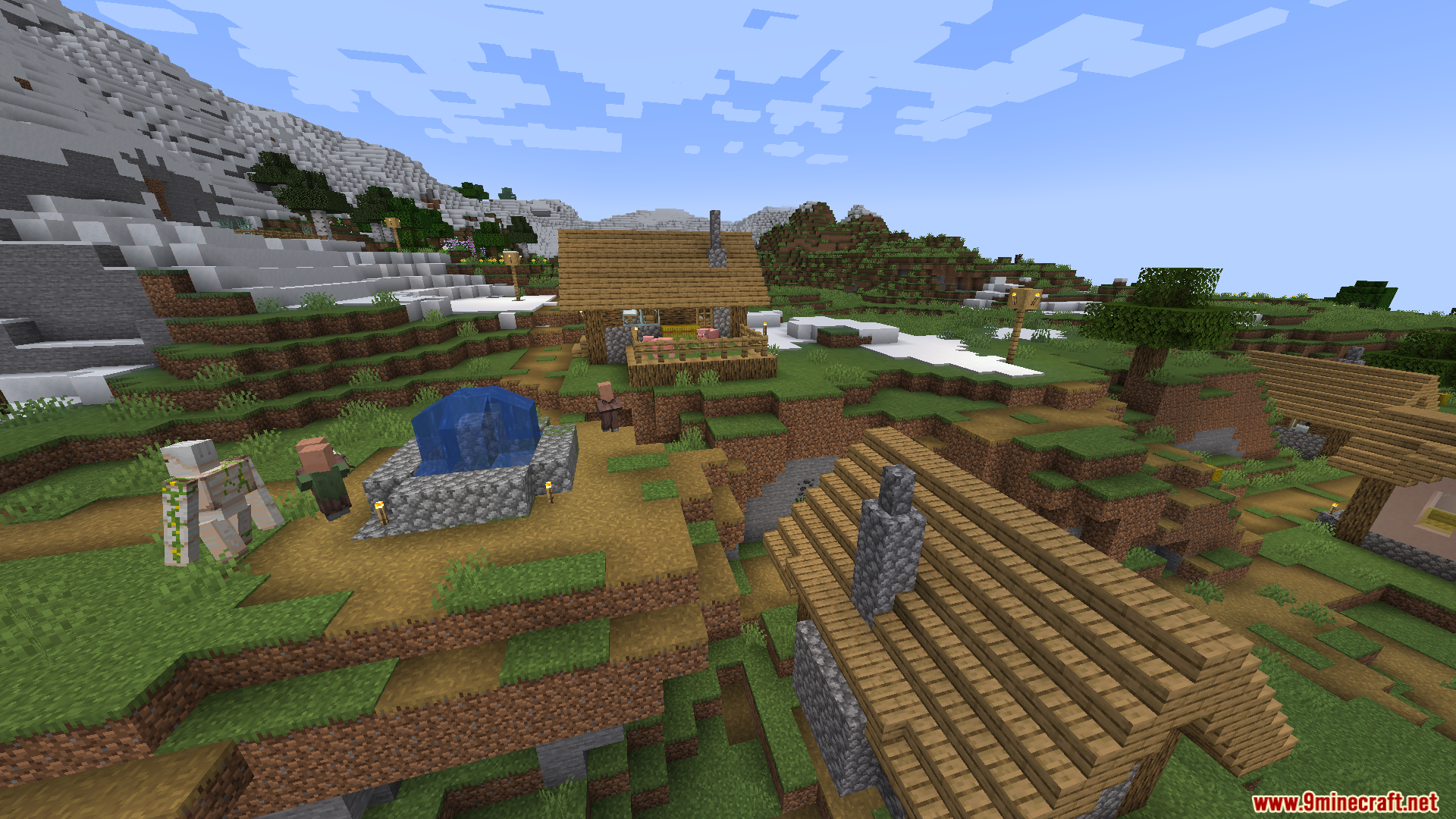 Thaumon PT BR Translation Resource Pack Screenshot 7 Iron Golem and Villager standing near a stone well in a grassy village