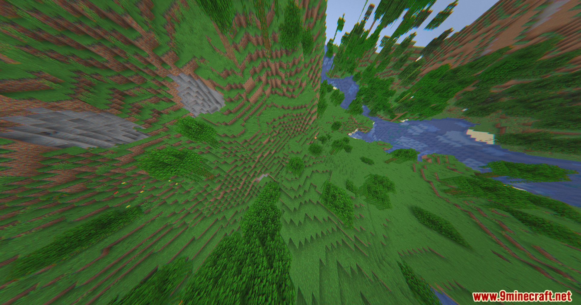Distorted aerial perspective of a river and hills from a high altitude position