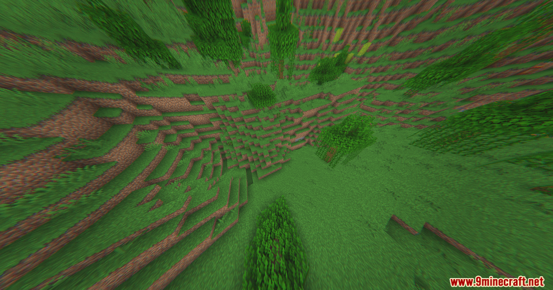 Wide angle drone camera view of a Minecraft jungle using 360W Shaders