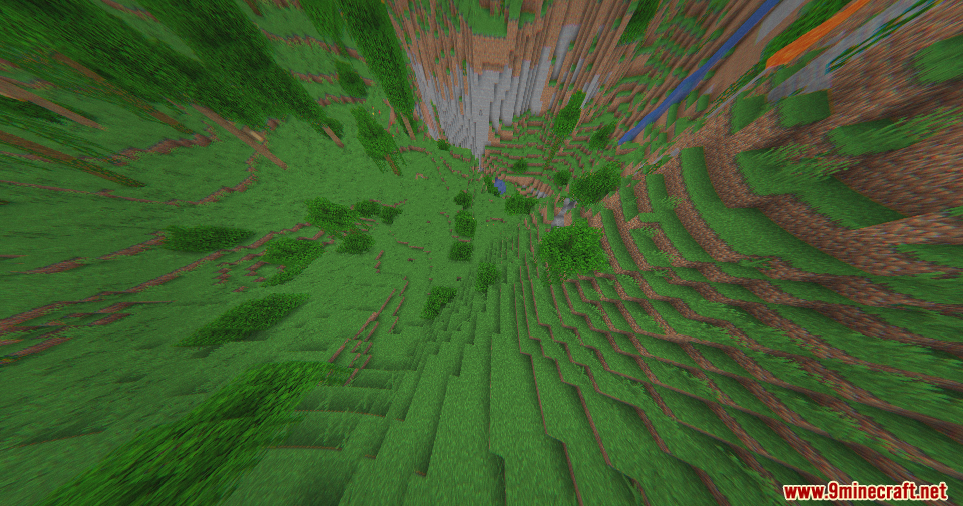 Distorted aerial perspective looking down a steep cliff in a Minecraft world