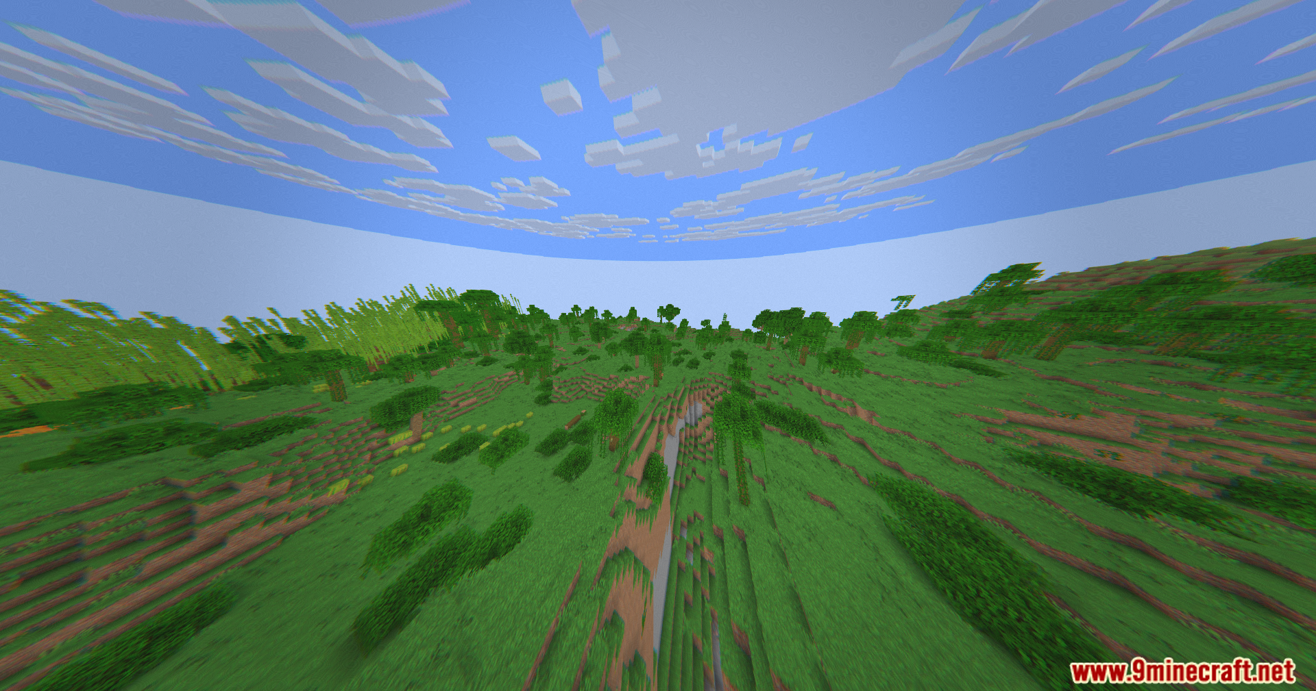 Drone camera motion effect showing a wide angle view of Minecraft hills