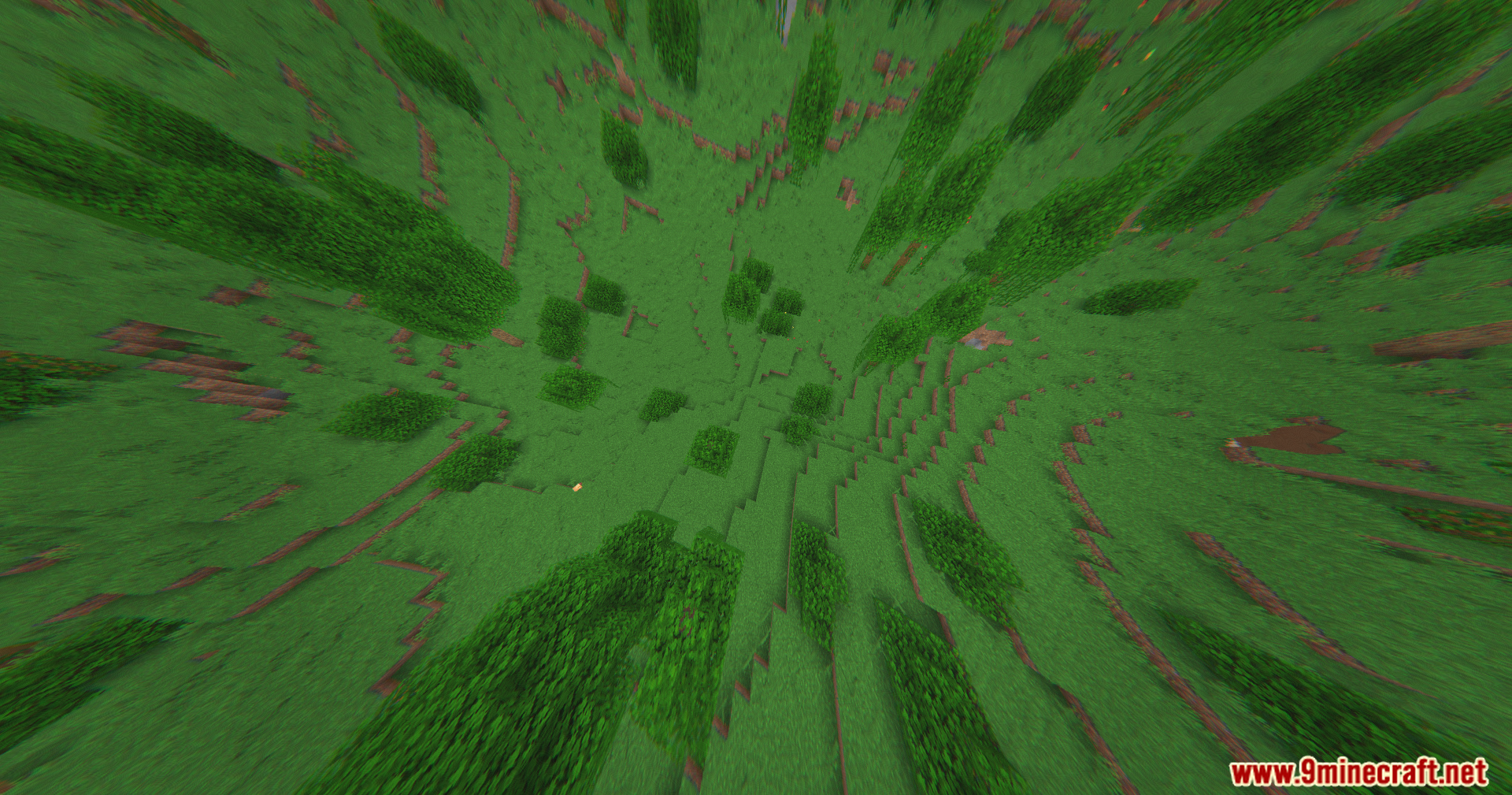 Top down aerial view of a Minecraft forest with wide angle distortion