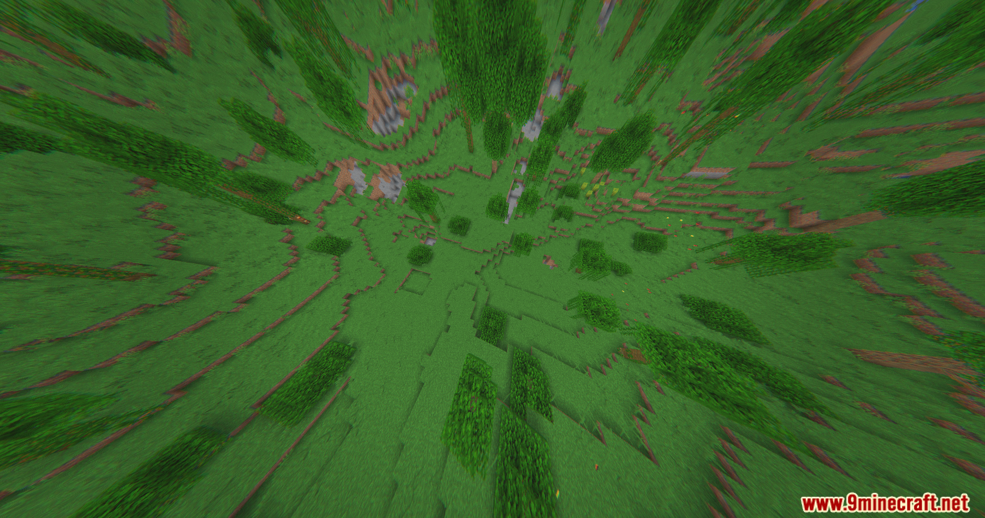 A top down wide angle view of a green Minecraft forest landscape