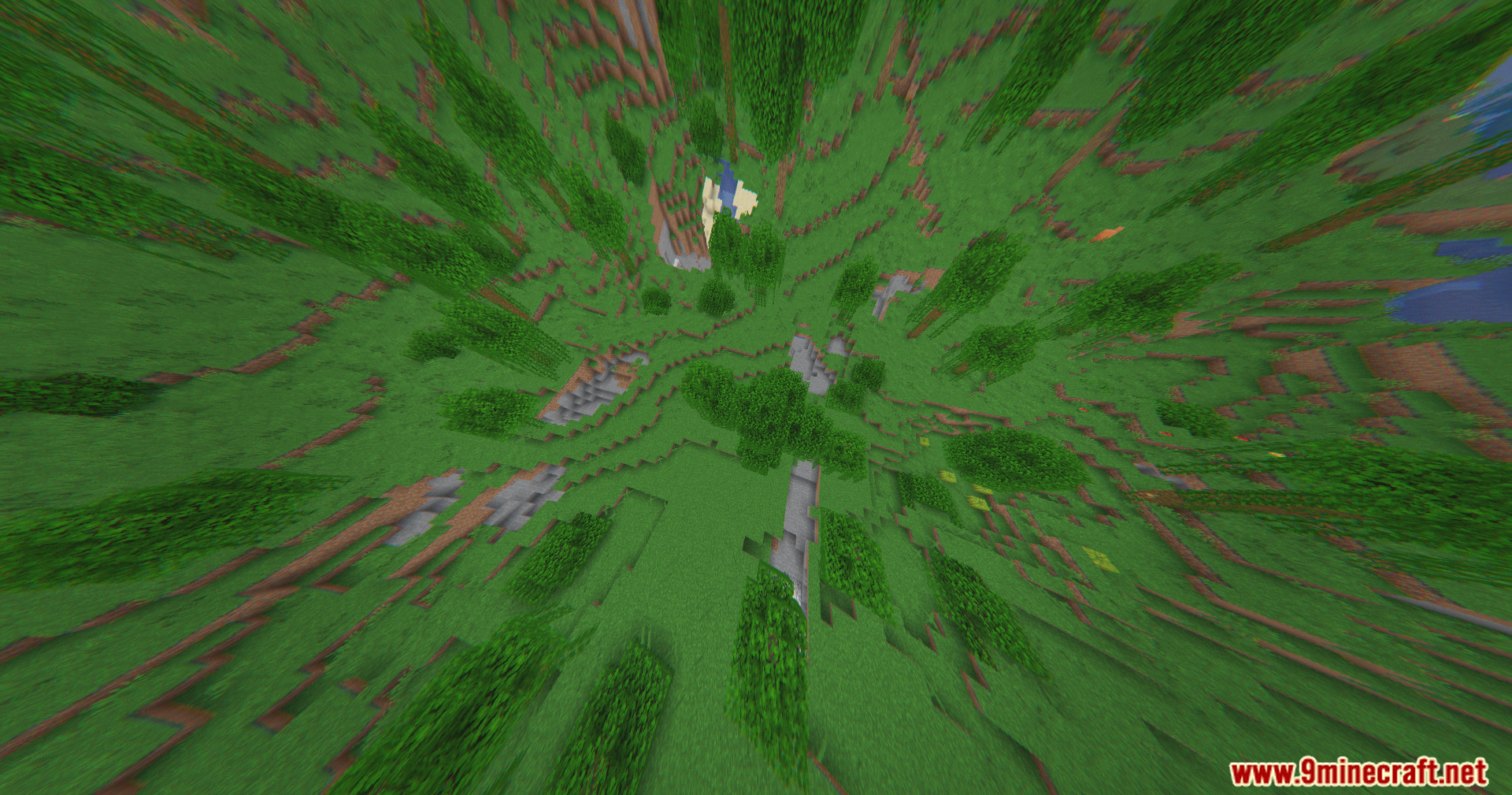 Distorted fish eye camera view of a Minecraft world from high altitude