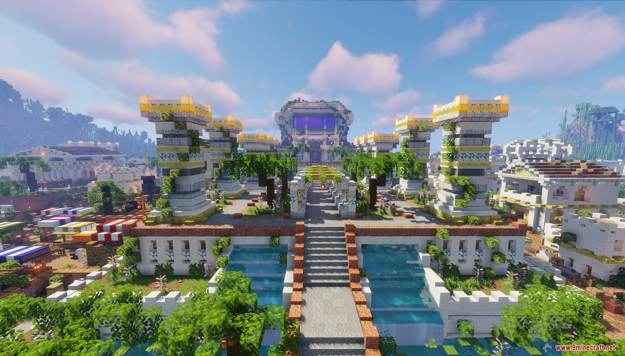 The Ancient City Map Screenshot 1 A grand ancient temple featuring white pillars and flowing water features in Minecraft