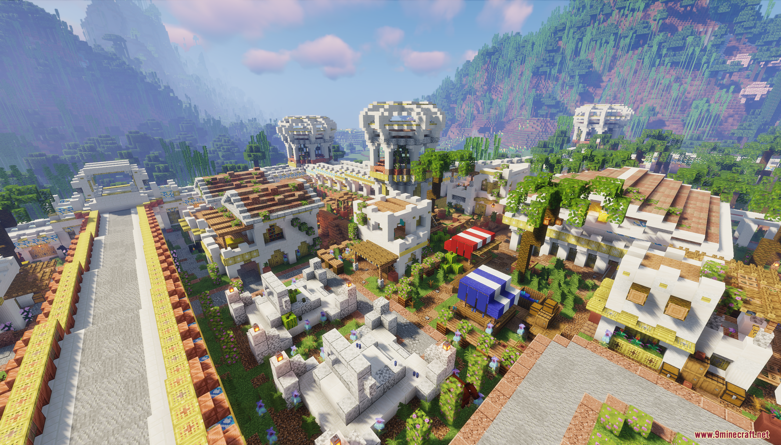 The Ancient City Map Screenshot 10 White stone buildings and market stalls in Minecraft under a bright sky