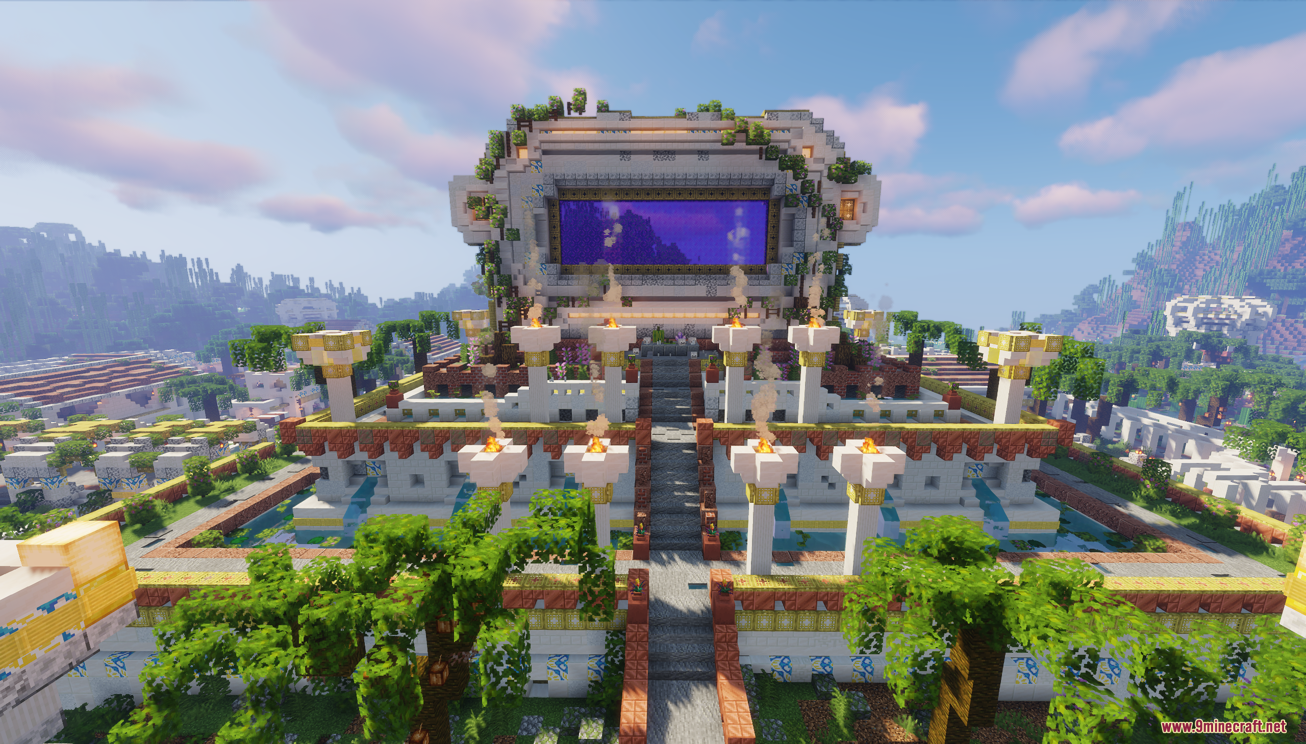 The Ancient City Map Screenshot 3 A majestic white temple featuring a glowing purple portal and stone torches