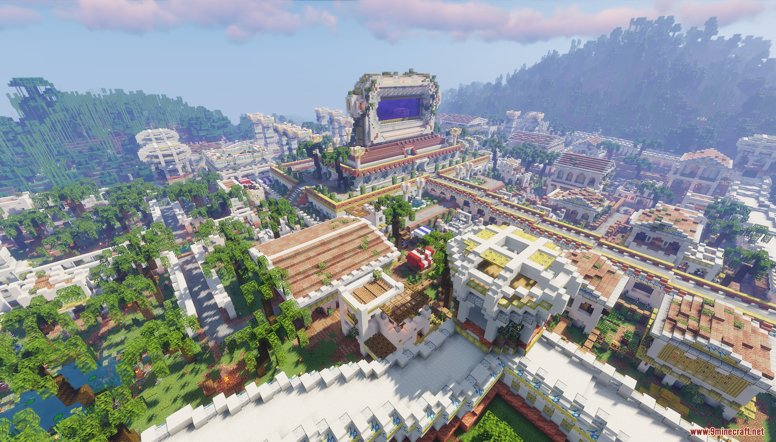 The Ancient City Map Screenshot 6 Aerial view of detailed ancient architecture and terraced gardens in a Minecraft world