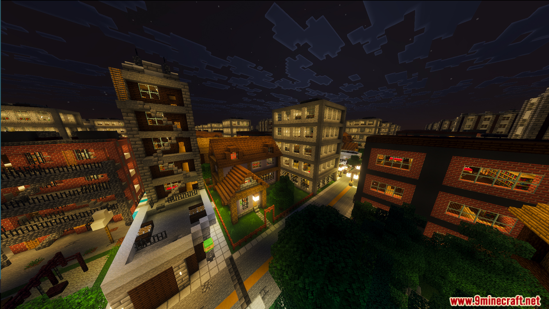 Nighttime view of various apartment buildings and houses in the Infinite City Map