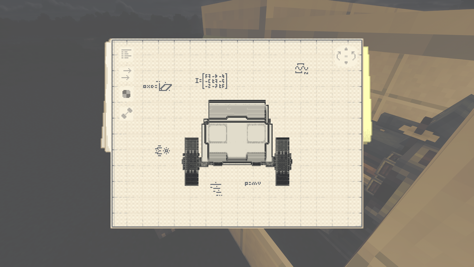 Technical schematic interface showing the design of the white offroad jeep