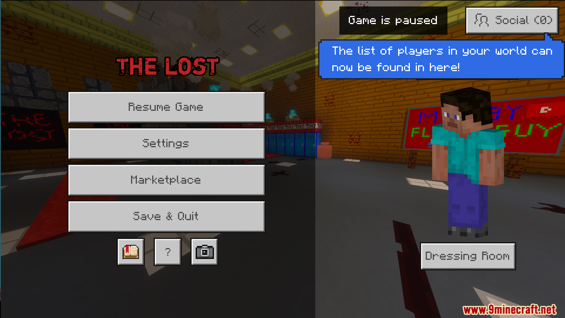 Minecraft pause menu for The Lost Horror Map with Steve character