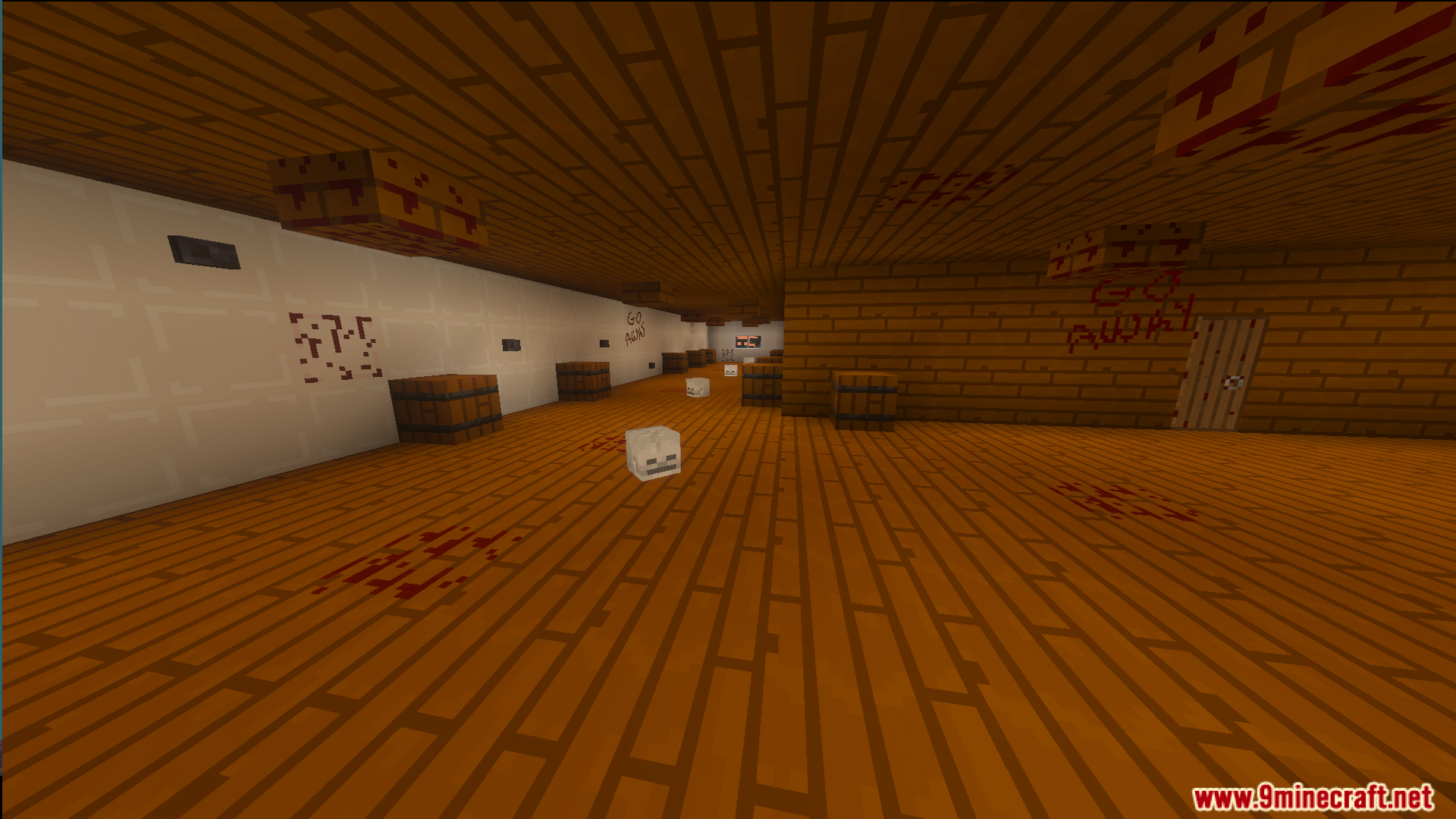 Creepy wooden hallway with skeleton heads and blood stains on the floor
