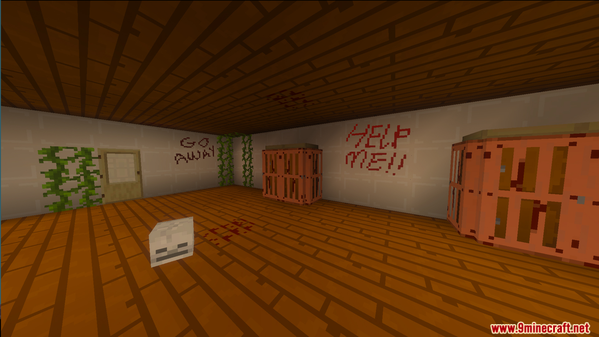 Escape from a scary house with white walls and red writing on them