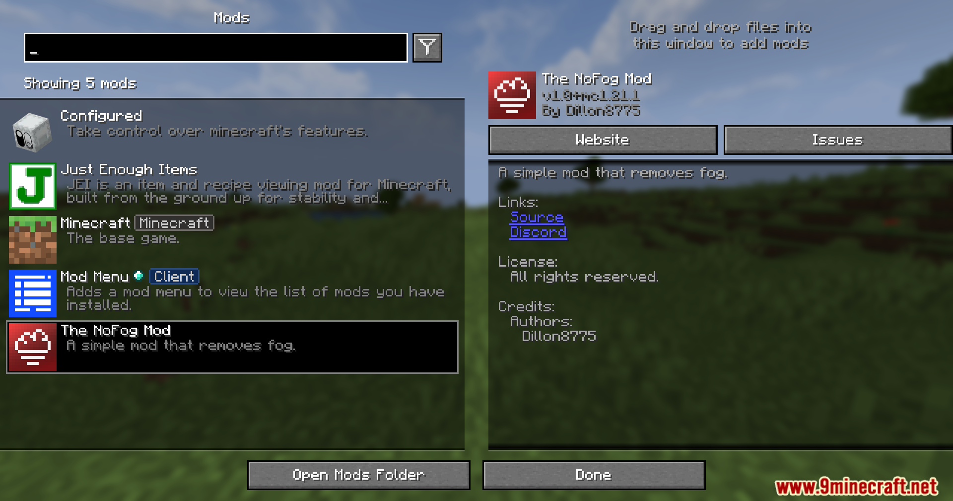 The Nofog Mod Screenshot 1 Minecraft mod menu screen displaying the NoFog Mod and other installed plugins