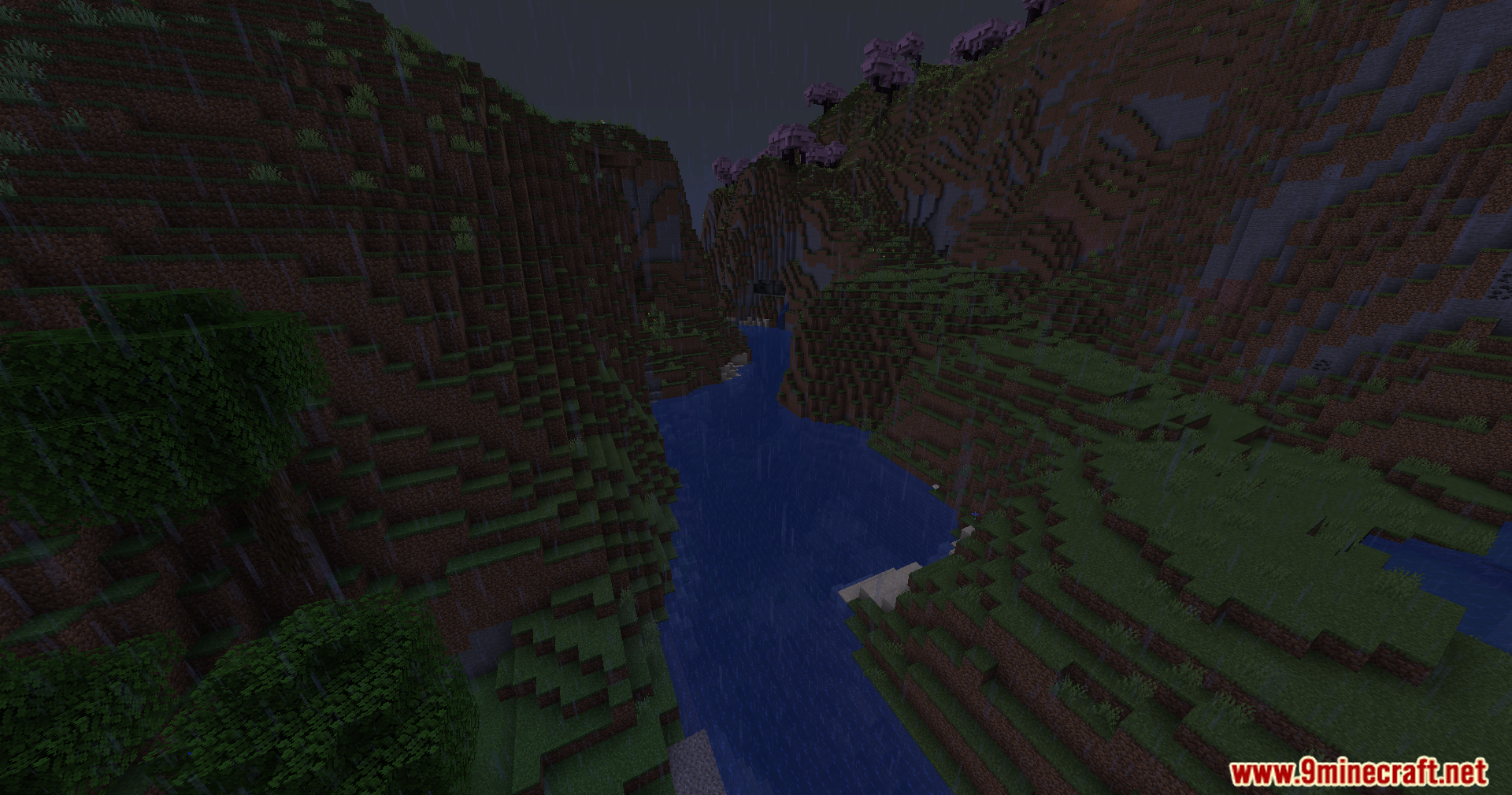 The Nofog Mod Screenshot 10 Wide view of a river winding through a deep valley in rainy weather