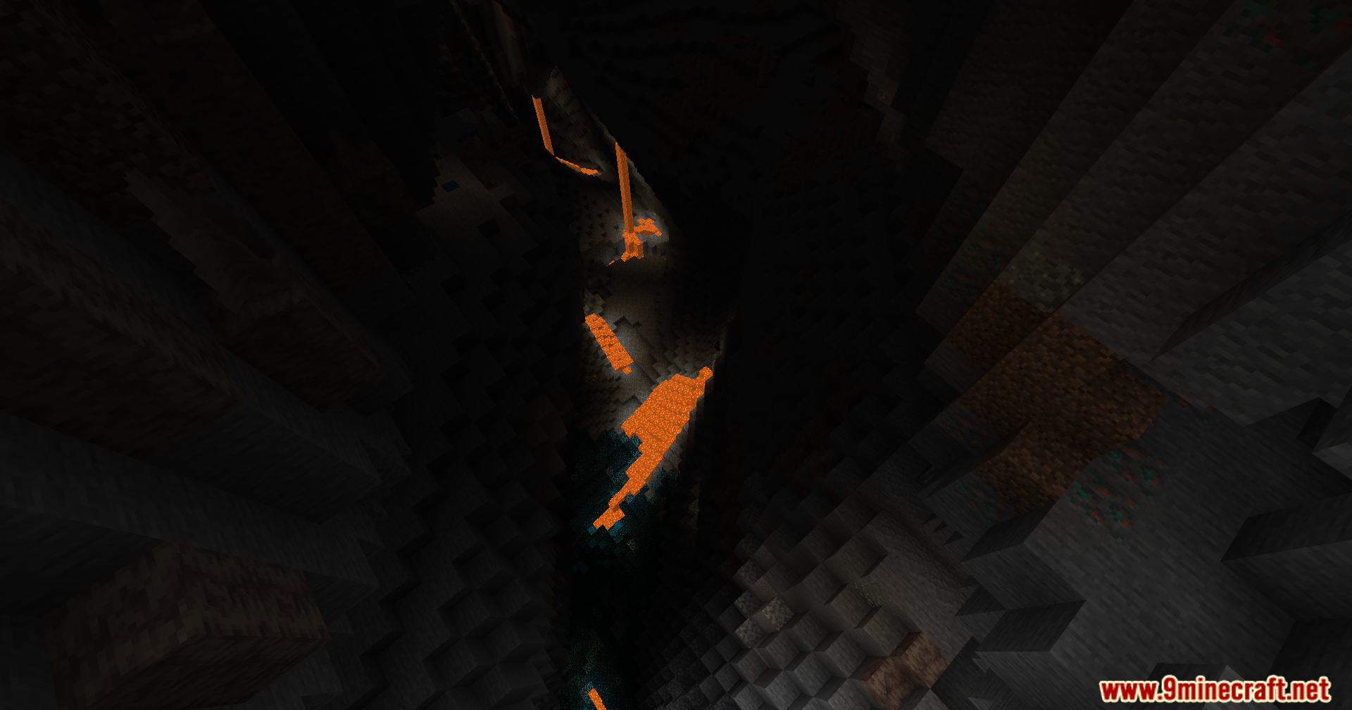 The Nofog Mod Screenshot 4 A dark underground cave with bright orange lava flowing down the walls