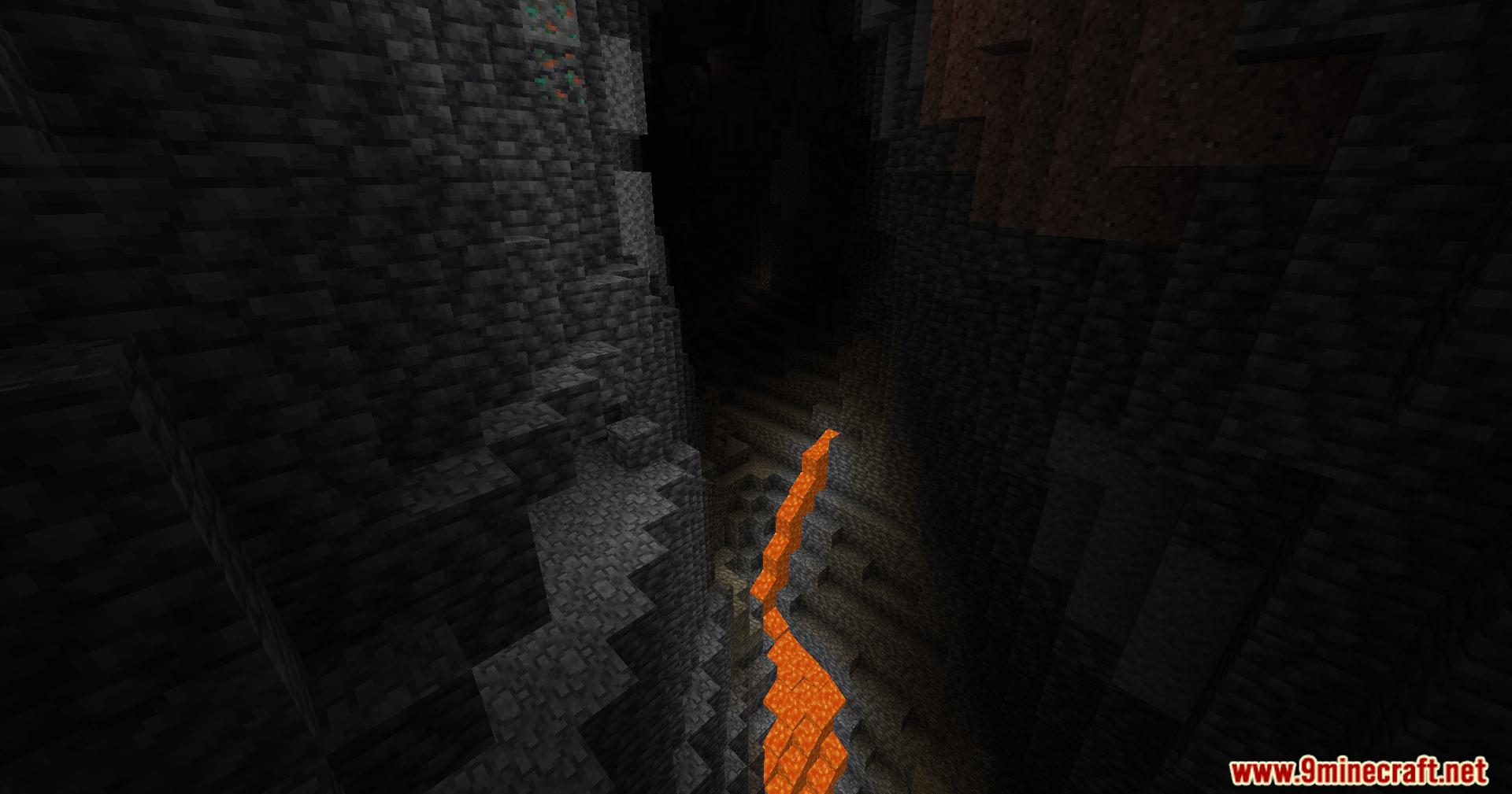 The Nofog Mod Screenshot 5 A clear view of a deep dark cave with a flowing lava stream