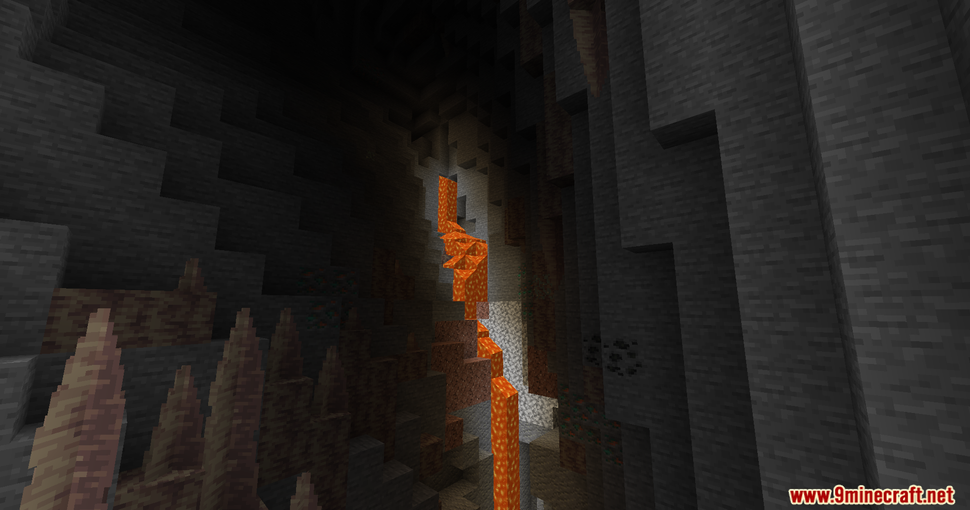 The Nofog Mod Screenshot 6 Stalagmites and a lava fall visible in a clear Minecraft cave environment