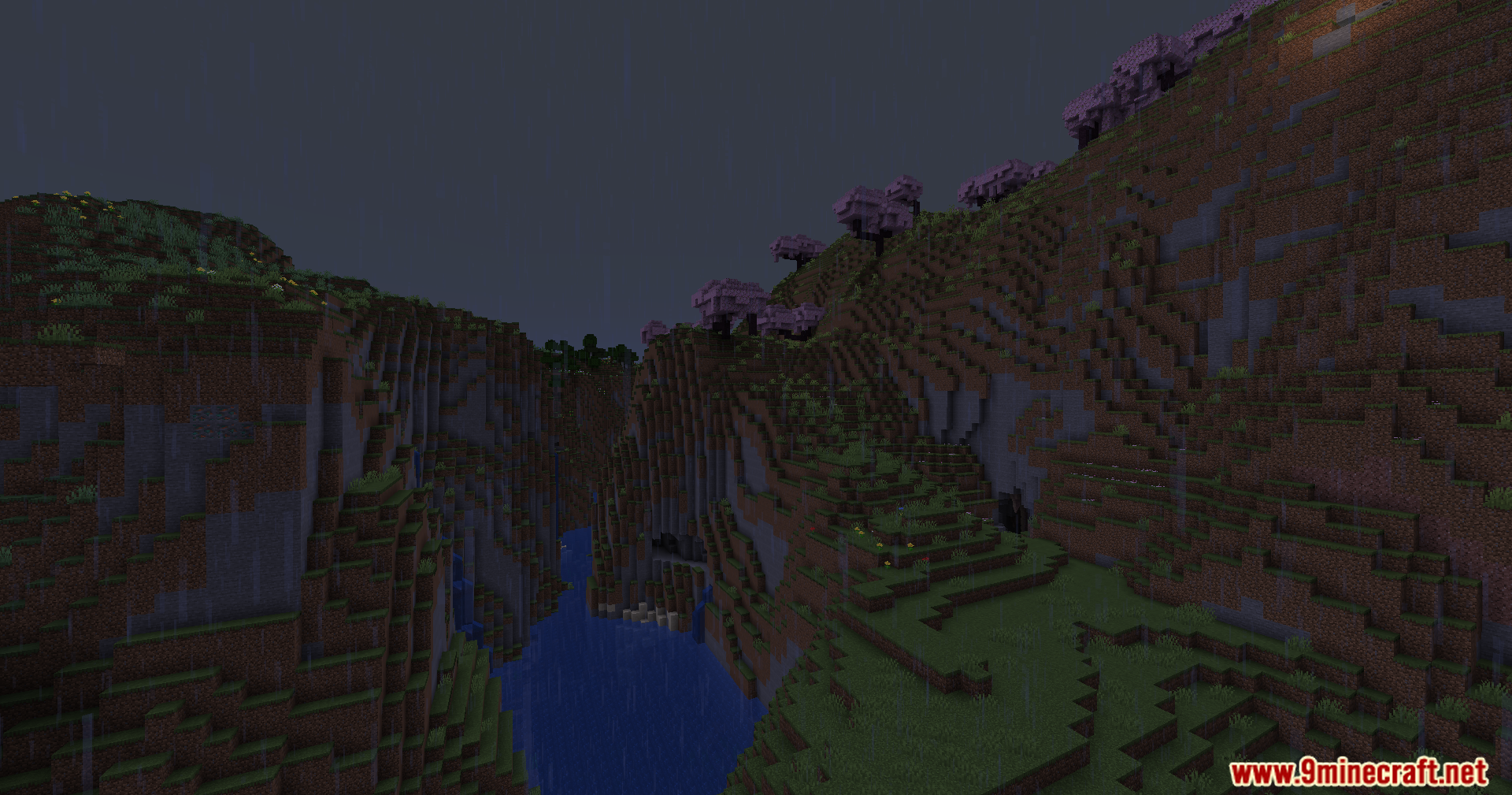 The Nofog Mod Screenshot 9 Clear view of a rainy valley with cherry blossom trees and a river