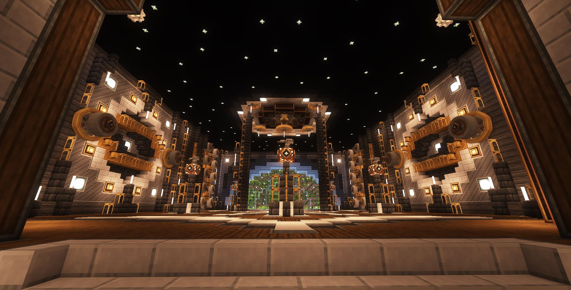 The grand hall of the Palace of Order with ornate symmetrical wall designs