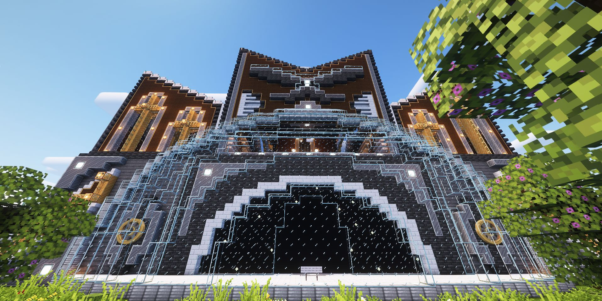 A low angle view of The Palace of Order with intricate glass archways