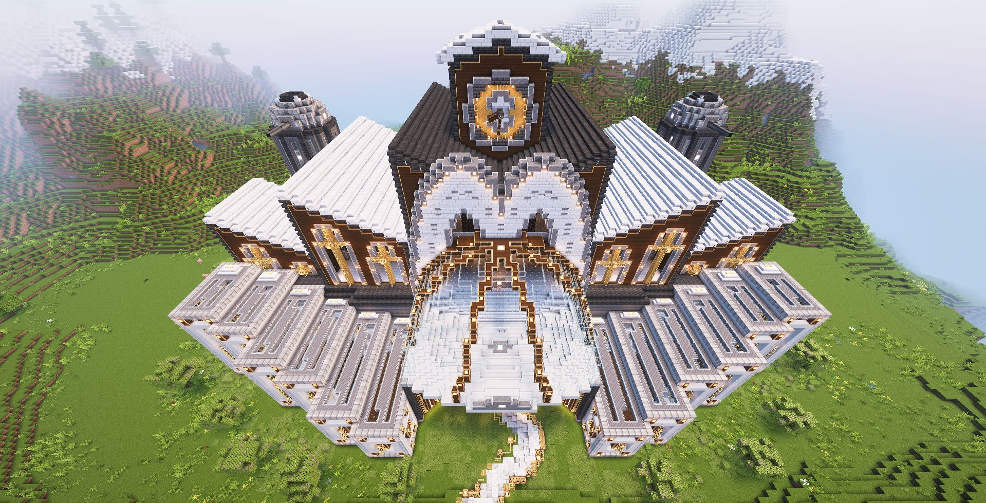 Symmetrical front view of a grand palace with a central clock tower