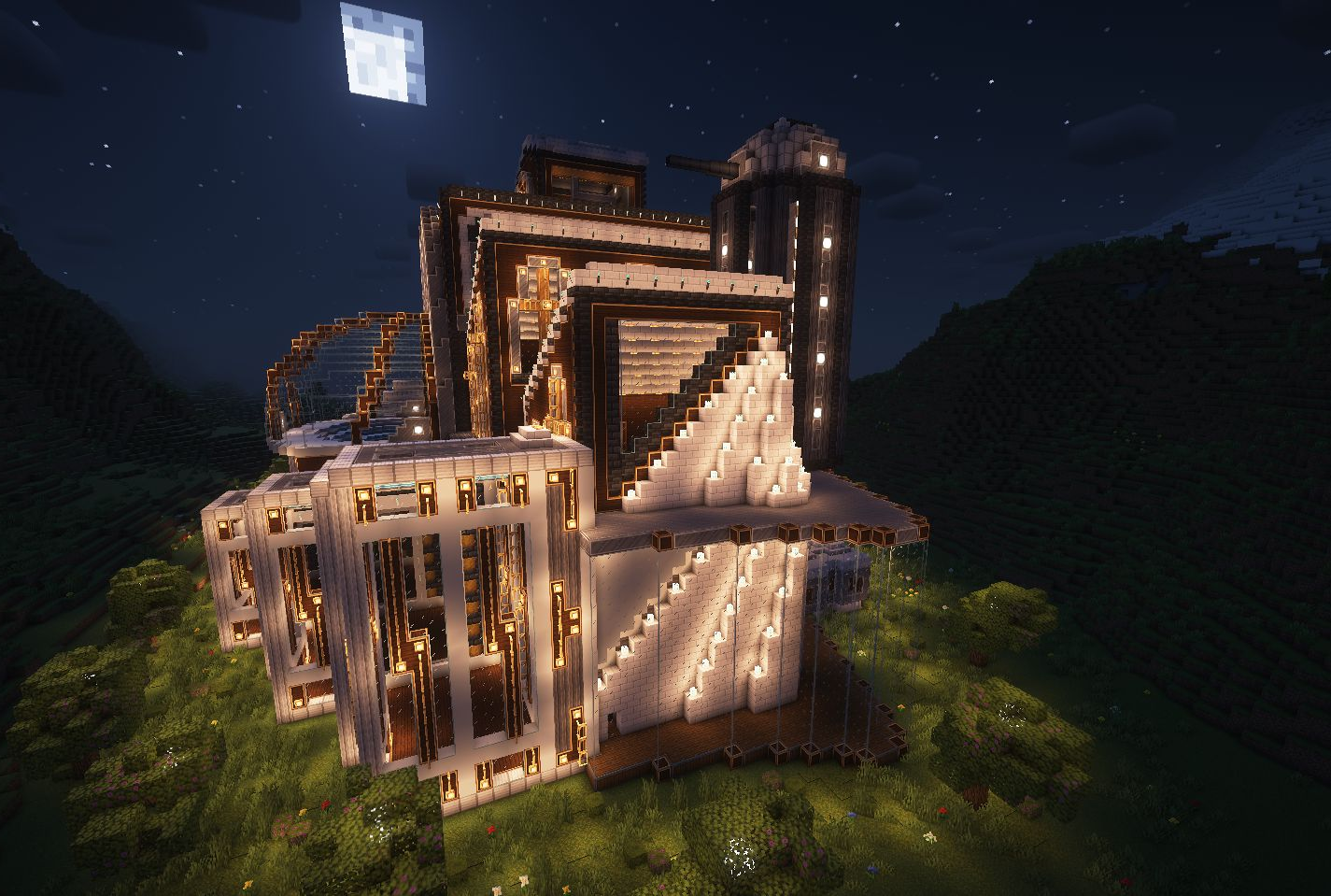 Detailed side view of a large Minecraft structure with white pillars at night