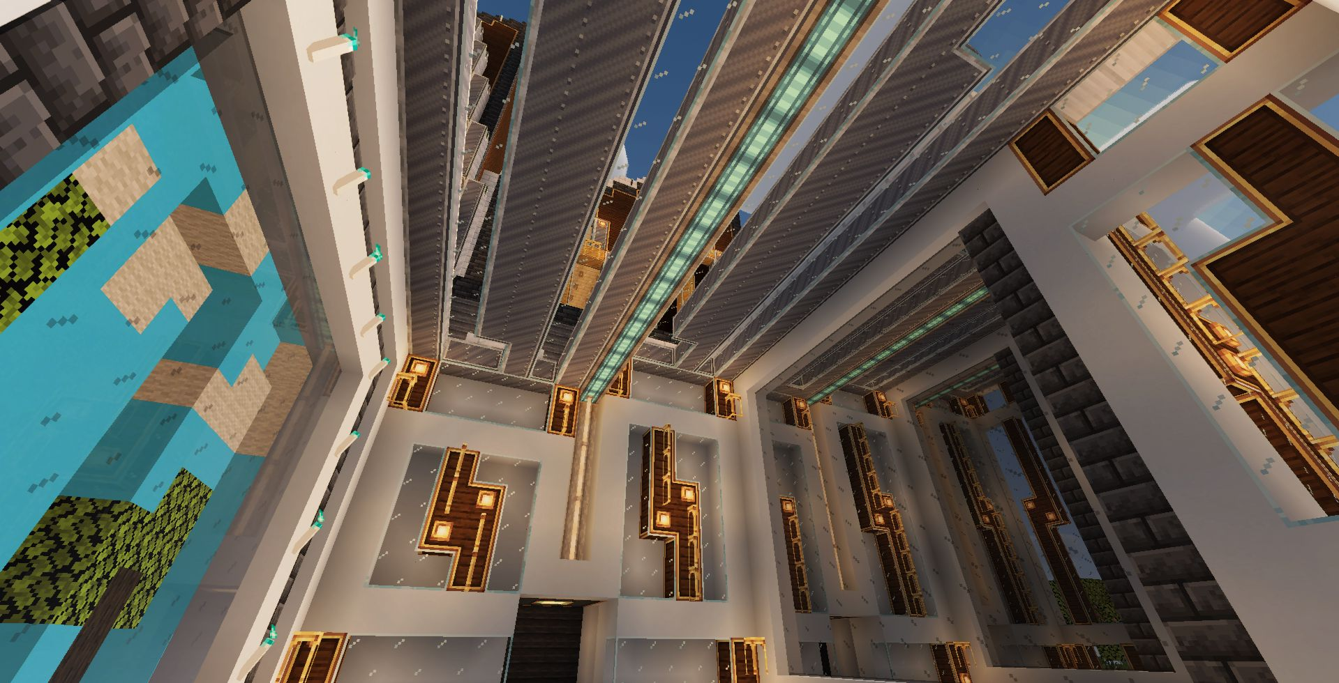 Interior view of a modern palace with white walls and complex ceiling designs
