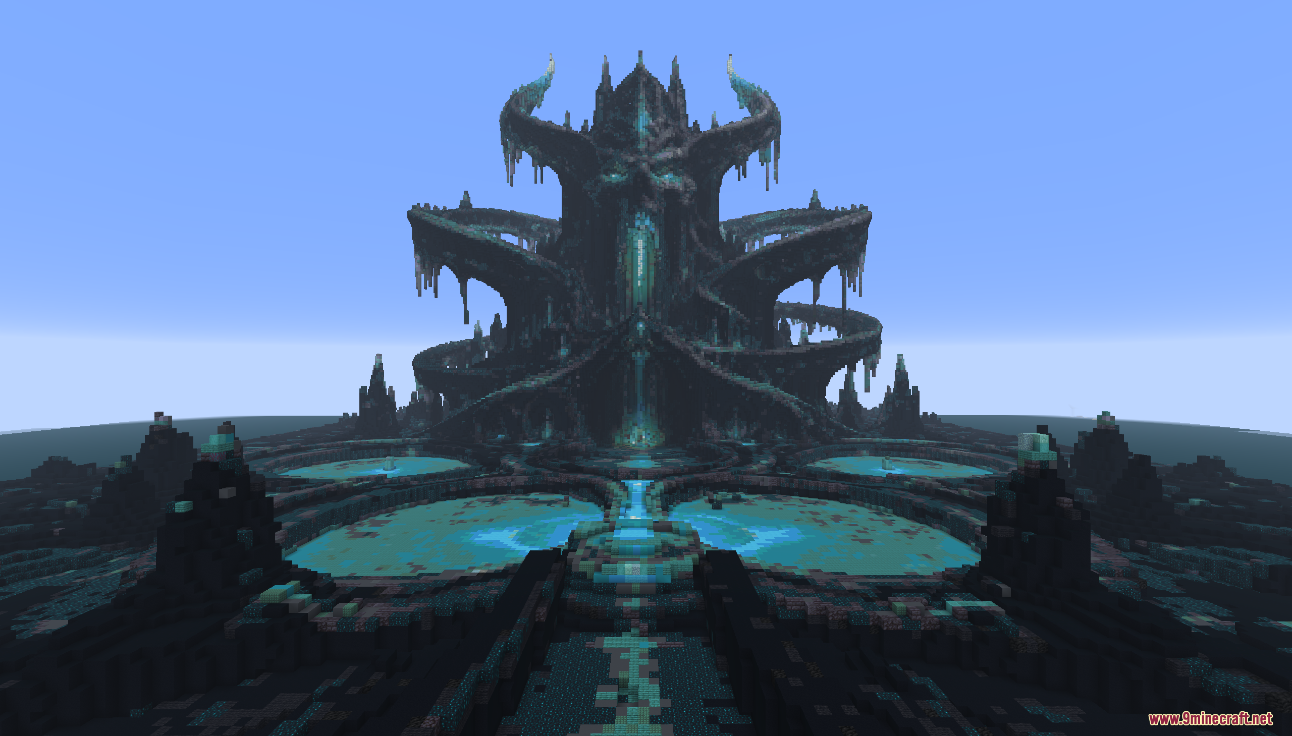 The Sculkborne Castle Map Screenshot 1 The Sculkborne Castle map featuring a massive dark fortress with glowing pools