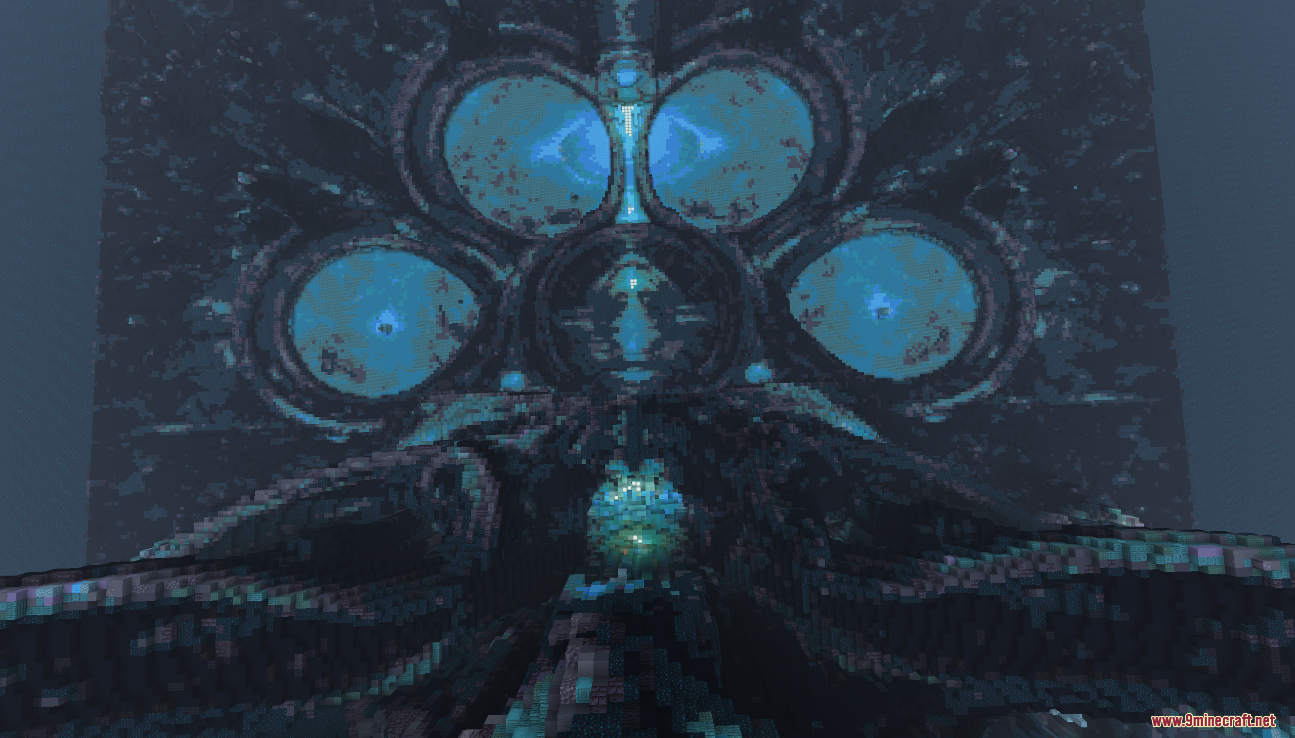The Sculkborne Castle Map Screenshot 10 Four glowing cyan eyes or portals embedded in a dark stone wall
