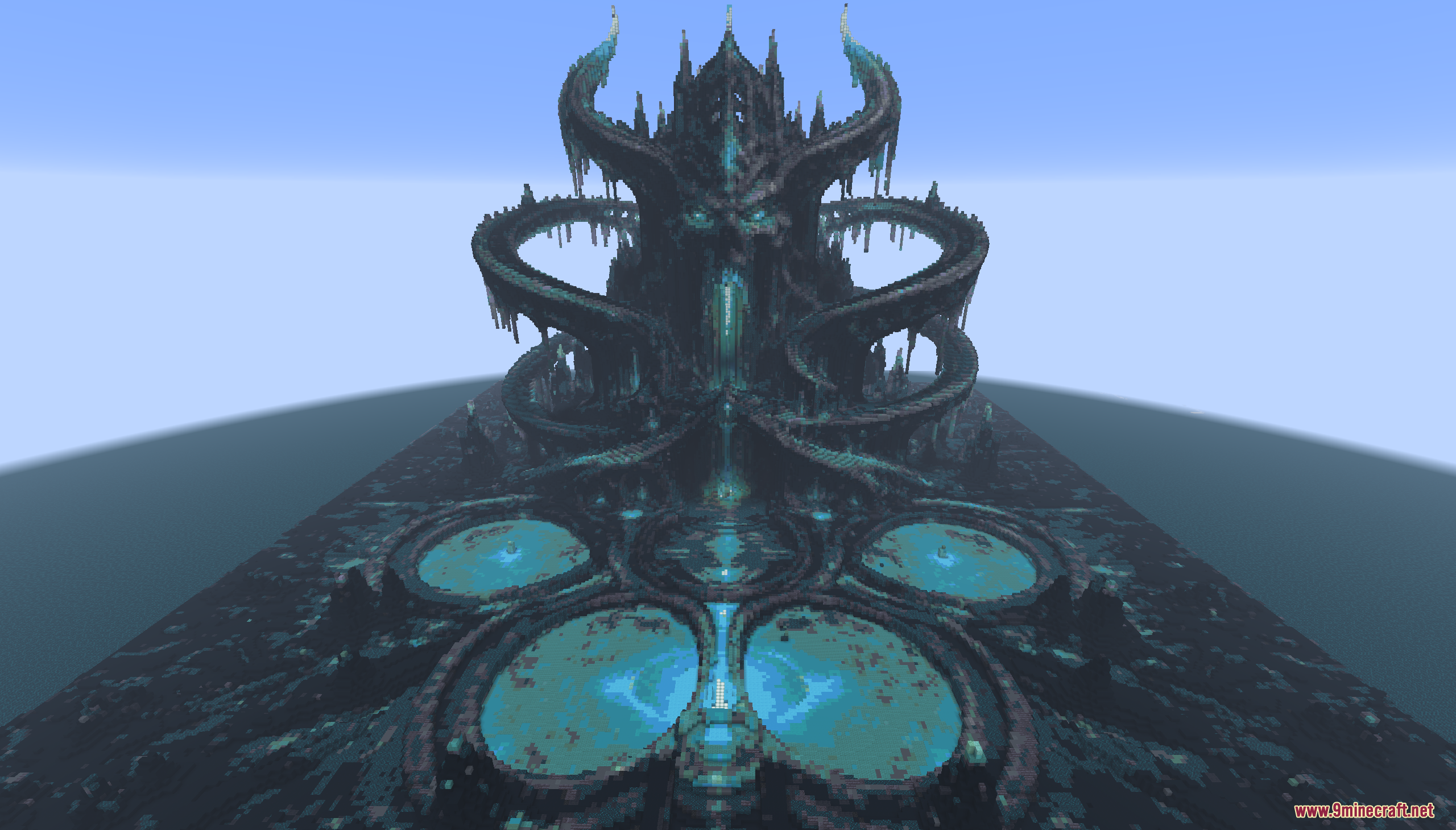 The Sculkborne Castle Map Screenshot 2 Aerial view of a dark sculk fortress with circular glowing blue pools