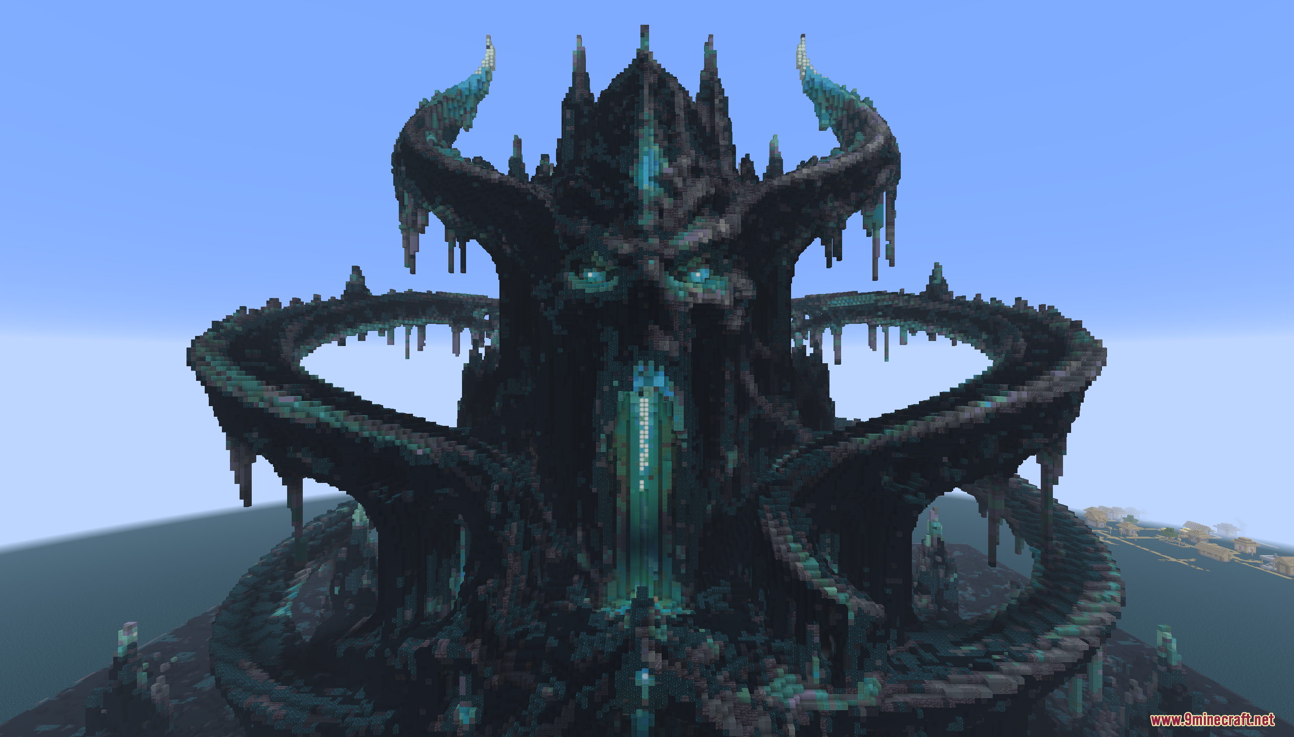 The Sculkborne Castle Map Screenshot 3 Front view of Sculkborne Castle with glowing blue eyes and horns